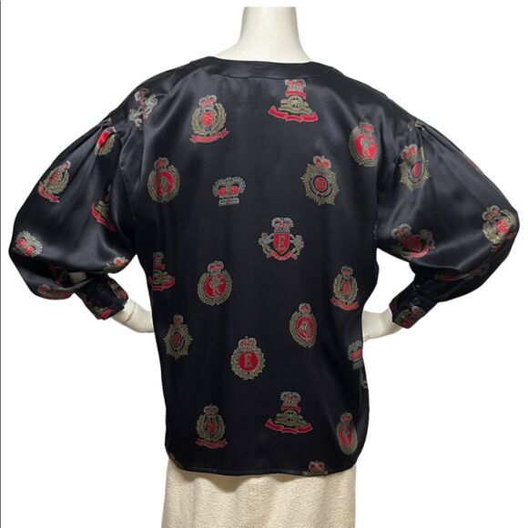 ESCADA Margaretha Ley Vintage 80s Button Up Silk Blouse Medals Crest 40 10 OVRSZ - Picture 11 of 14